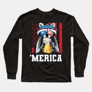 4th of July Patriotic Raccoon Merica USA Flag Drinking Team Long Sleeve T-Shirt